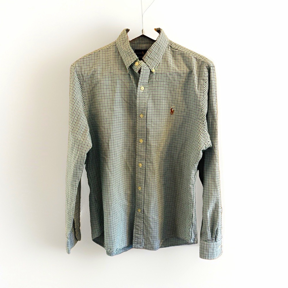 Ralph Lauren Slim Fit Mens L Green Blue Check Button Down Cotton flesh pony